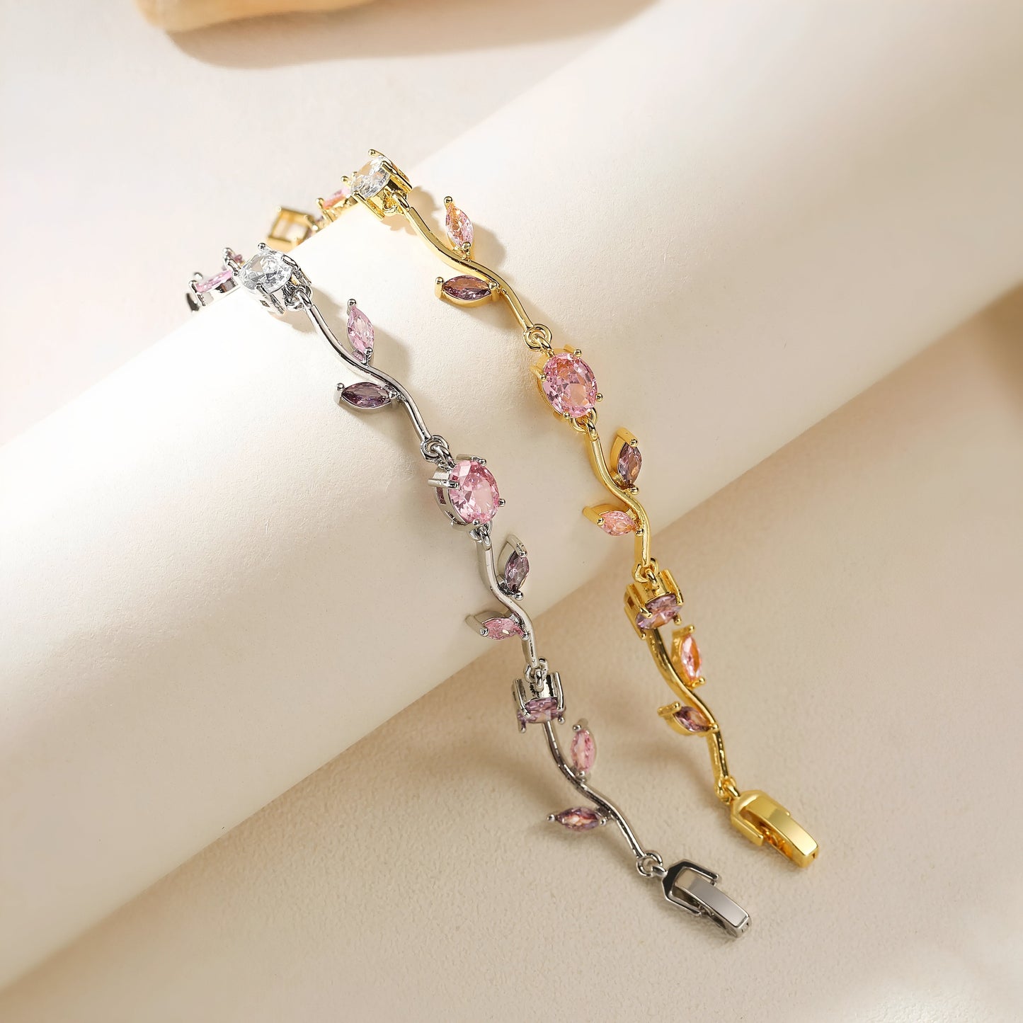 Multi-colour floral bracelet styled on a model's wrist