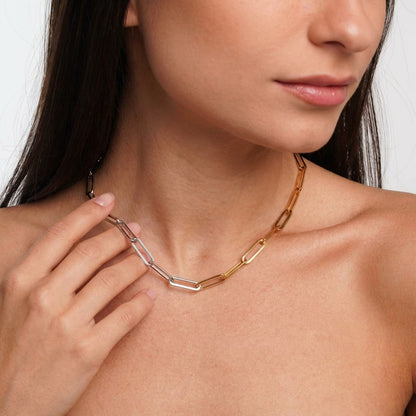 Two-tone paperclip necklace styled on a model