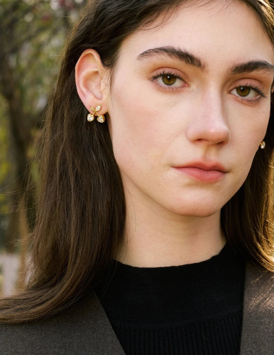 Delicate gold cherry stud earrings, romantic design