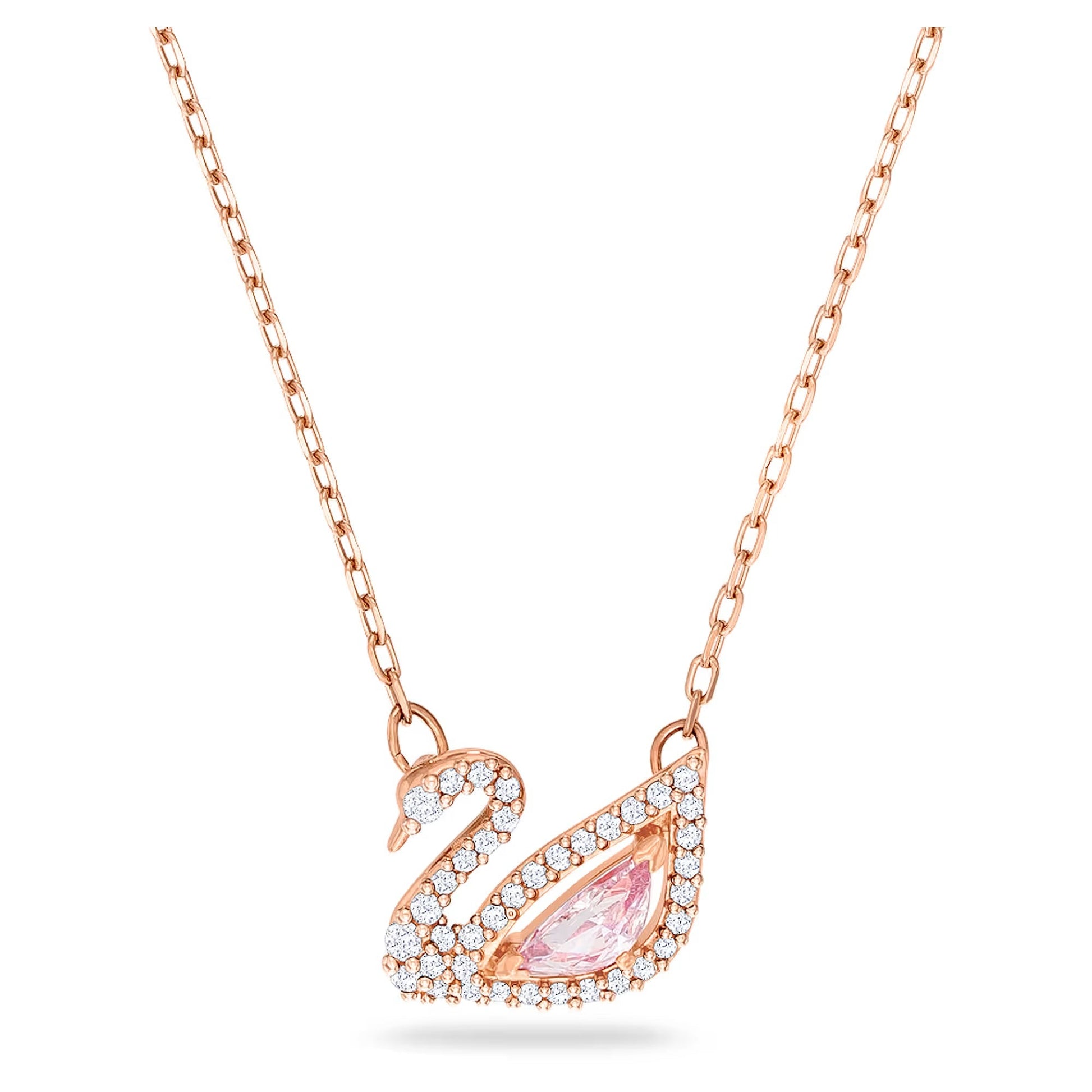 Serena 14K rose gold swan pendant necklace with pink crystal