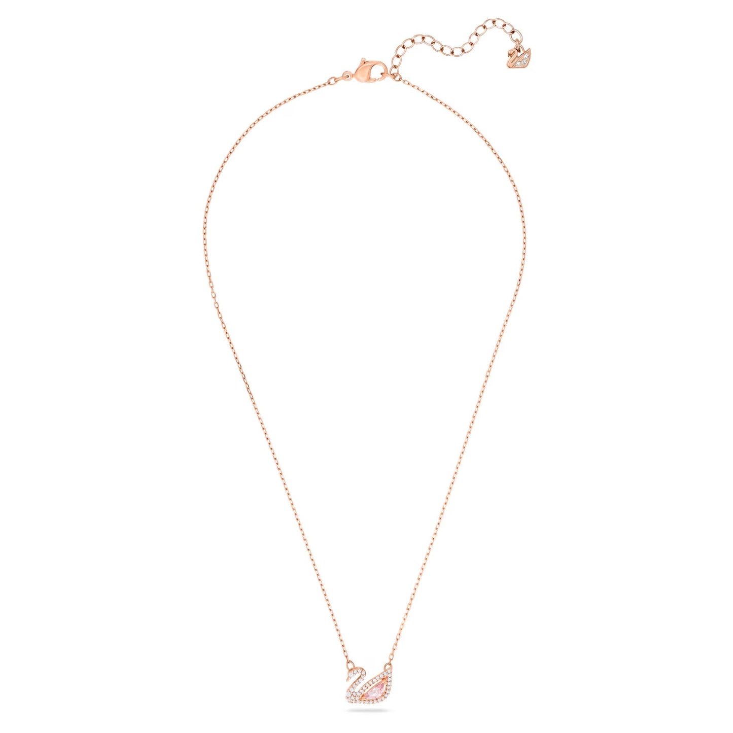 Close-up of pink crystal swan pendant in rose gold