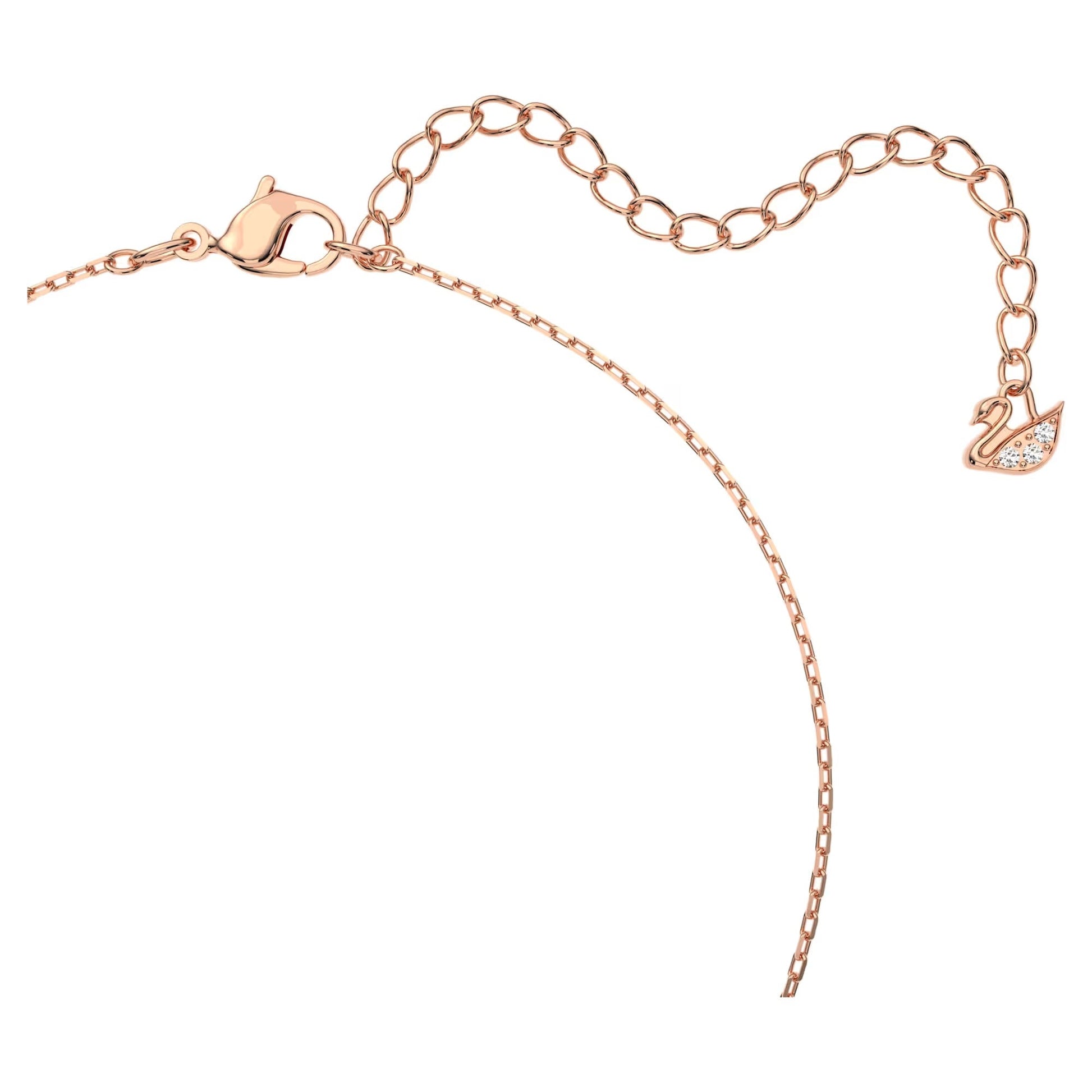 Rose gold swan necklace shown with luminous pink stone