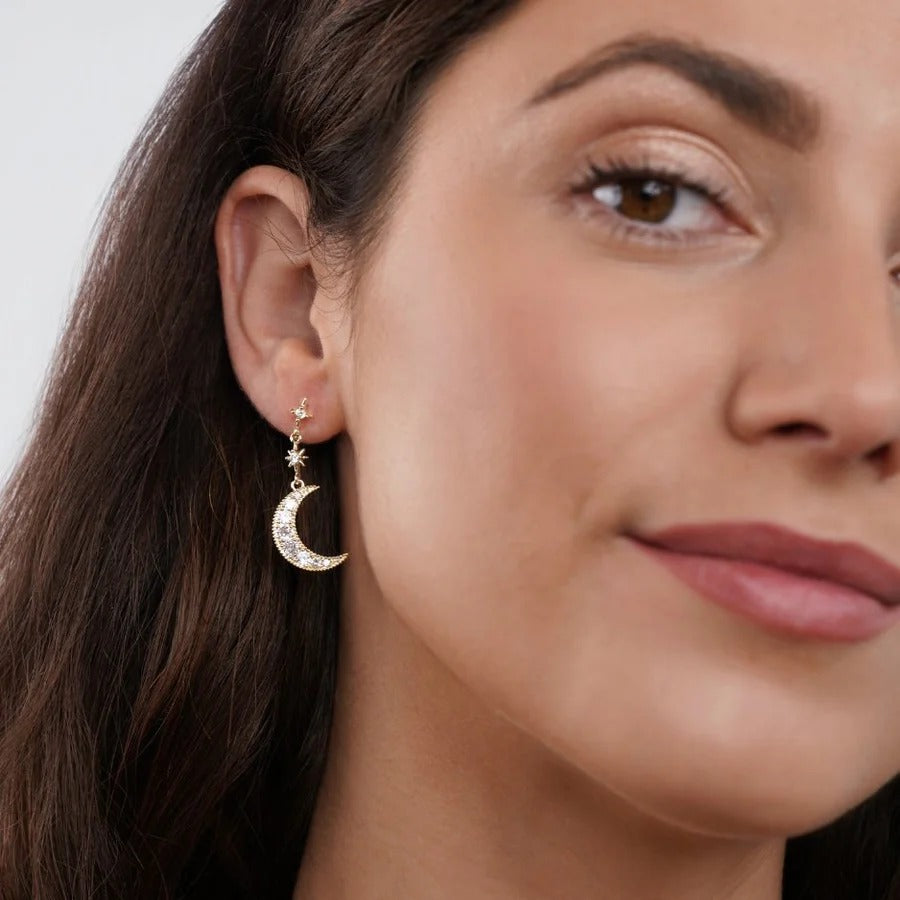 Celestial drop earrings with sparkling CZ moon and star detail
