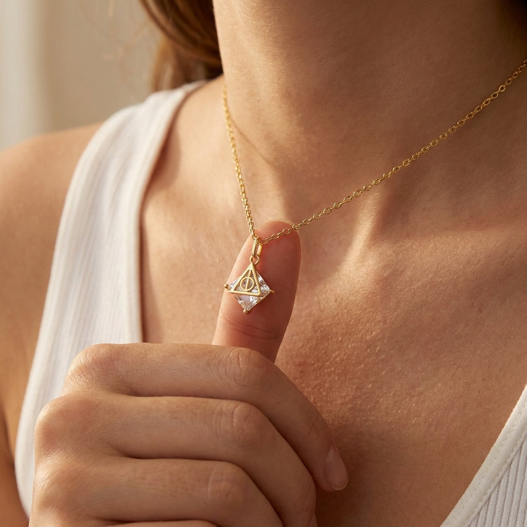 Close-up of Deathly Hallows pendant featuring a geometric triangle design and transparent crystal