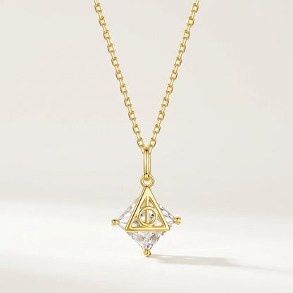 Deathly Hallows sterling silver necklace with gold triangular pendant and clear faceted crystal
