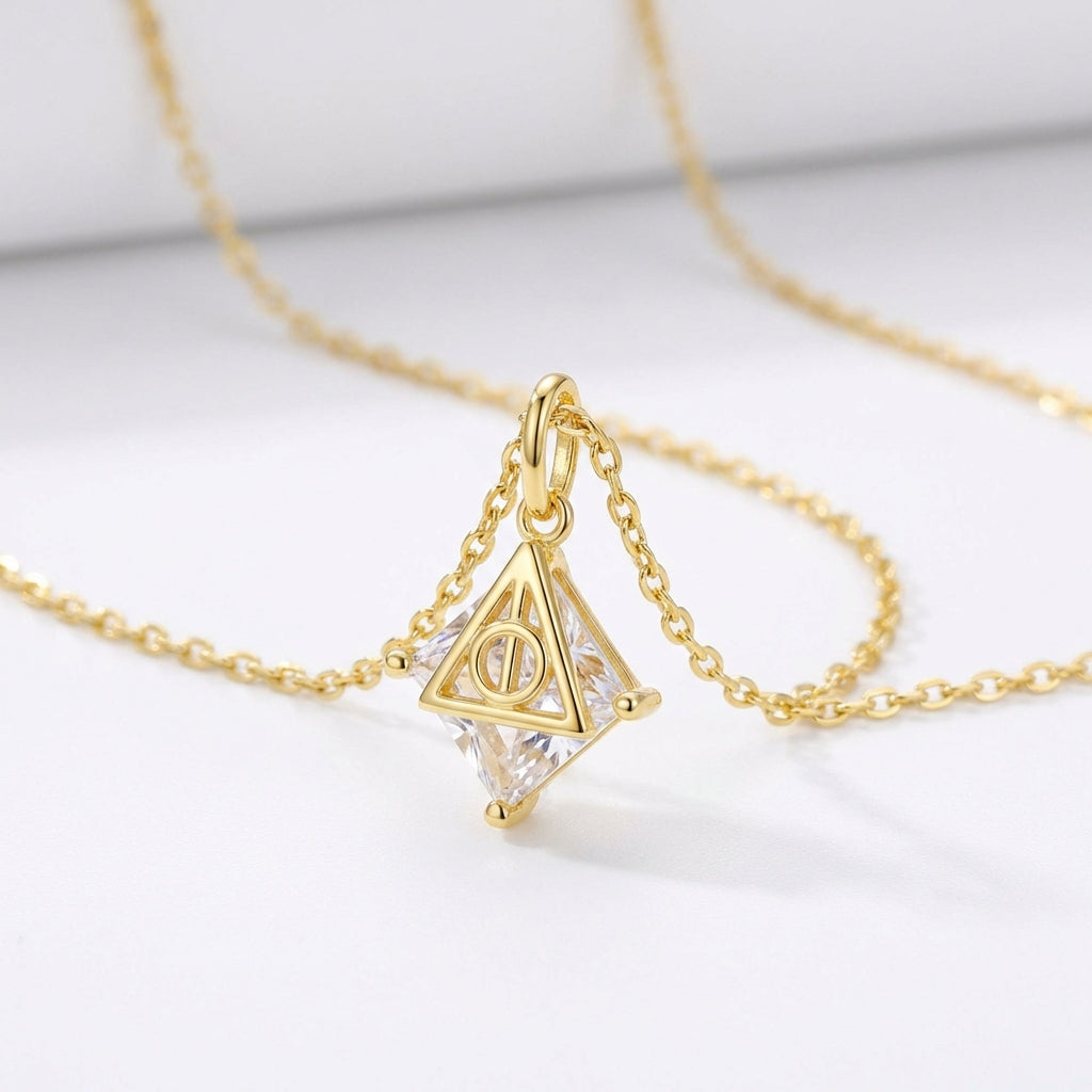 Elegant Deathly Hallows sterling silver necklace with delicate chain and faceted crystal pendant