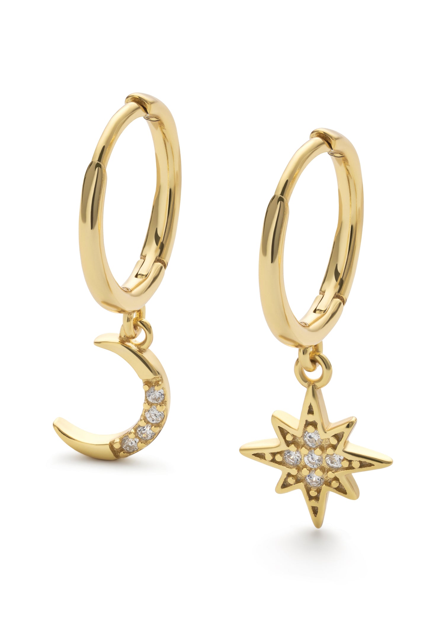 Gold star and crescent moon hoop earrings with cubic zirconia