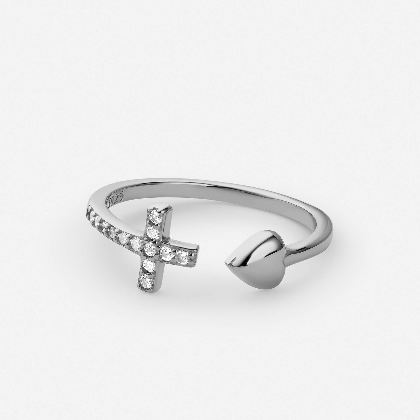 Heart cross gold ring, side angle view