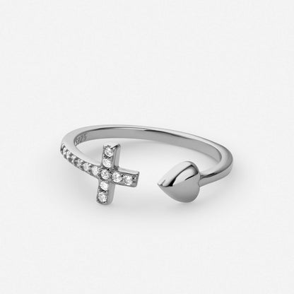 Heart cross gold ring, side angle view