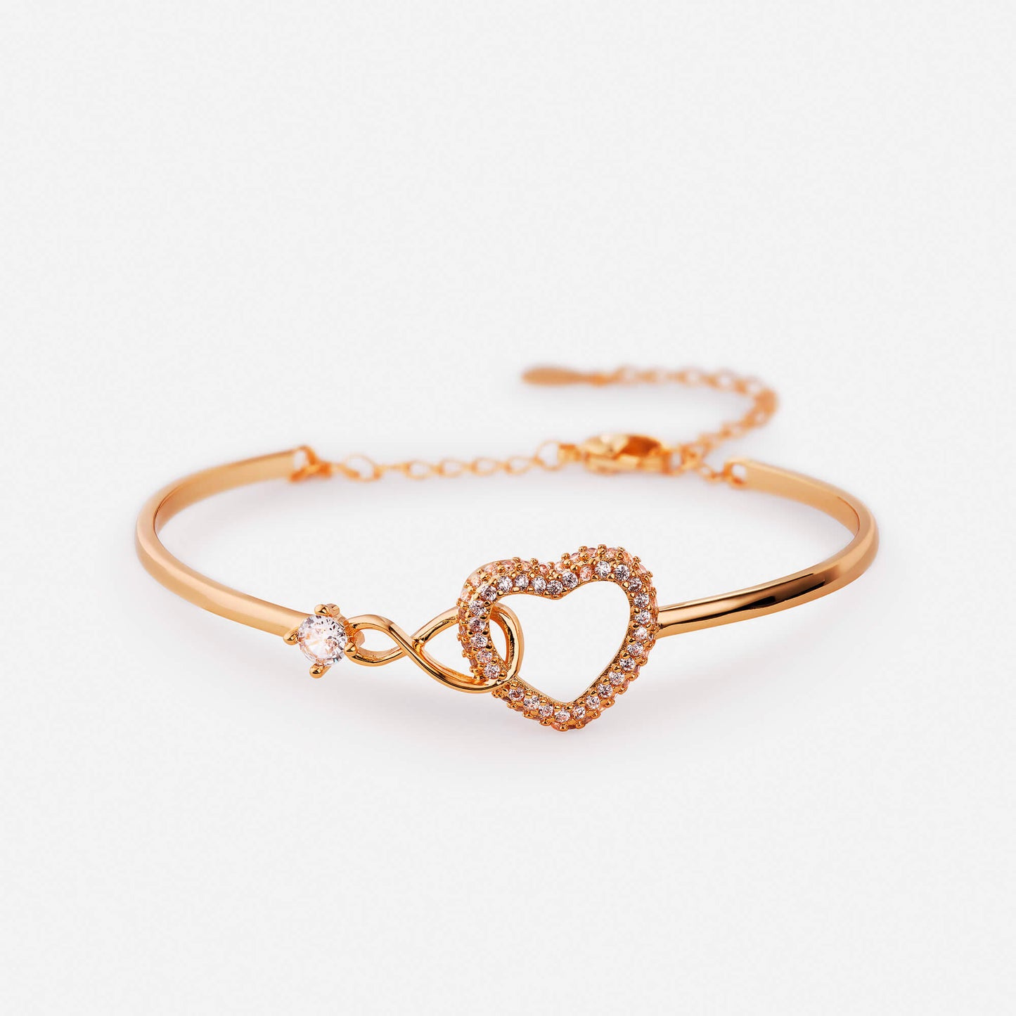 Rose gold infinity and heart charm bracelet, polished finish