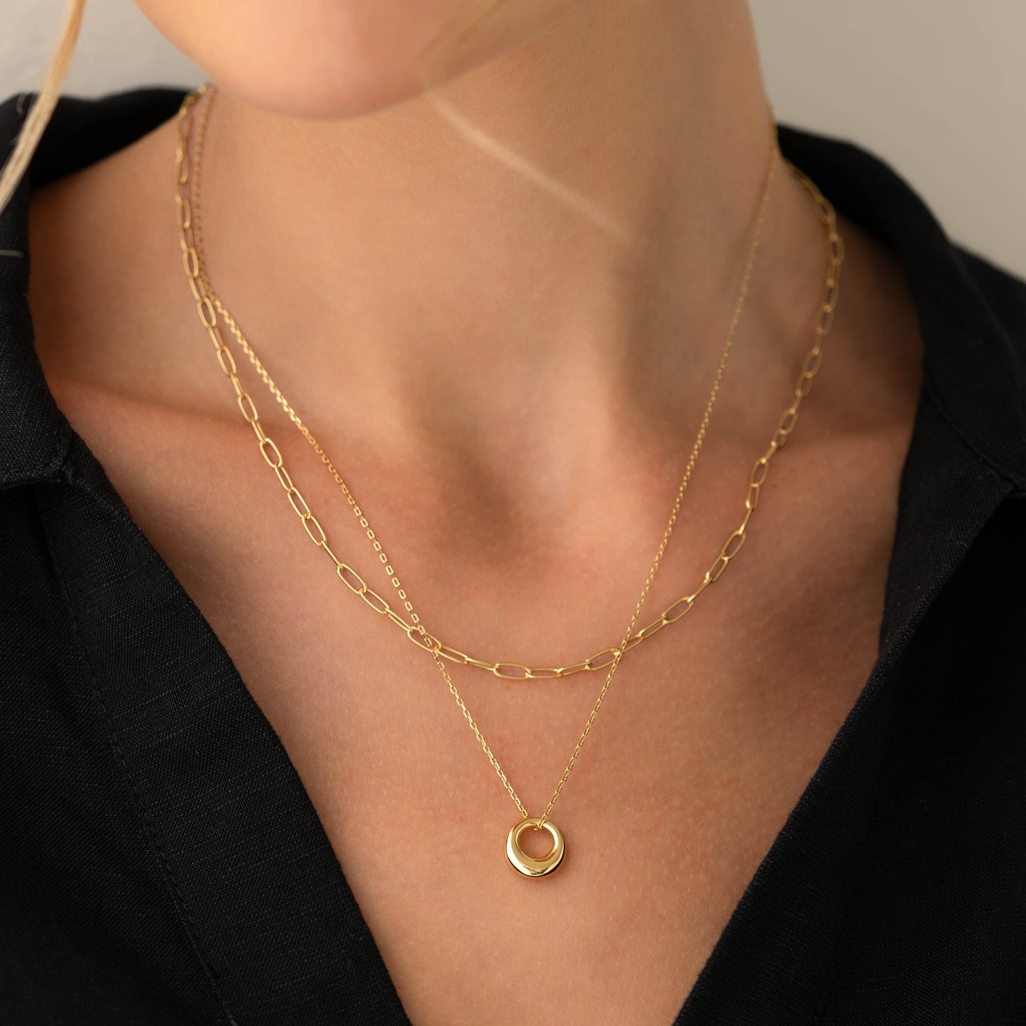 Adjustable gold circle pendant necklace, three length options