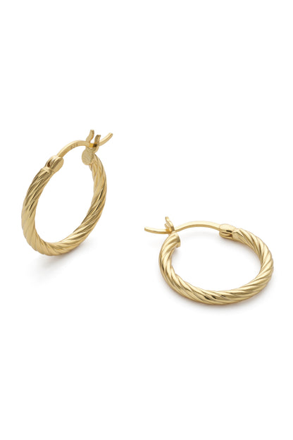 Large gold twisted huggie hoop earrings, sculptural design