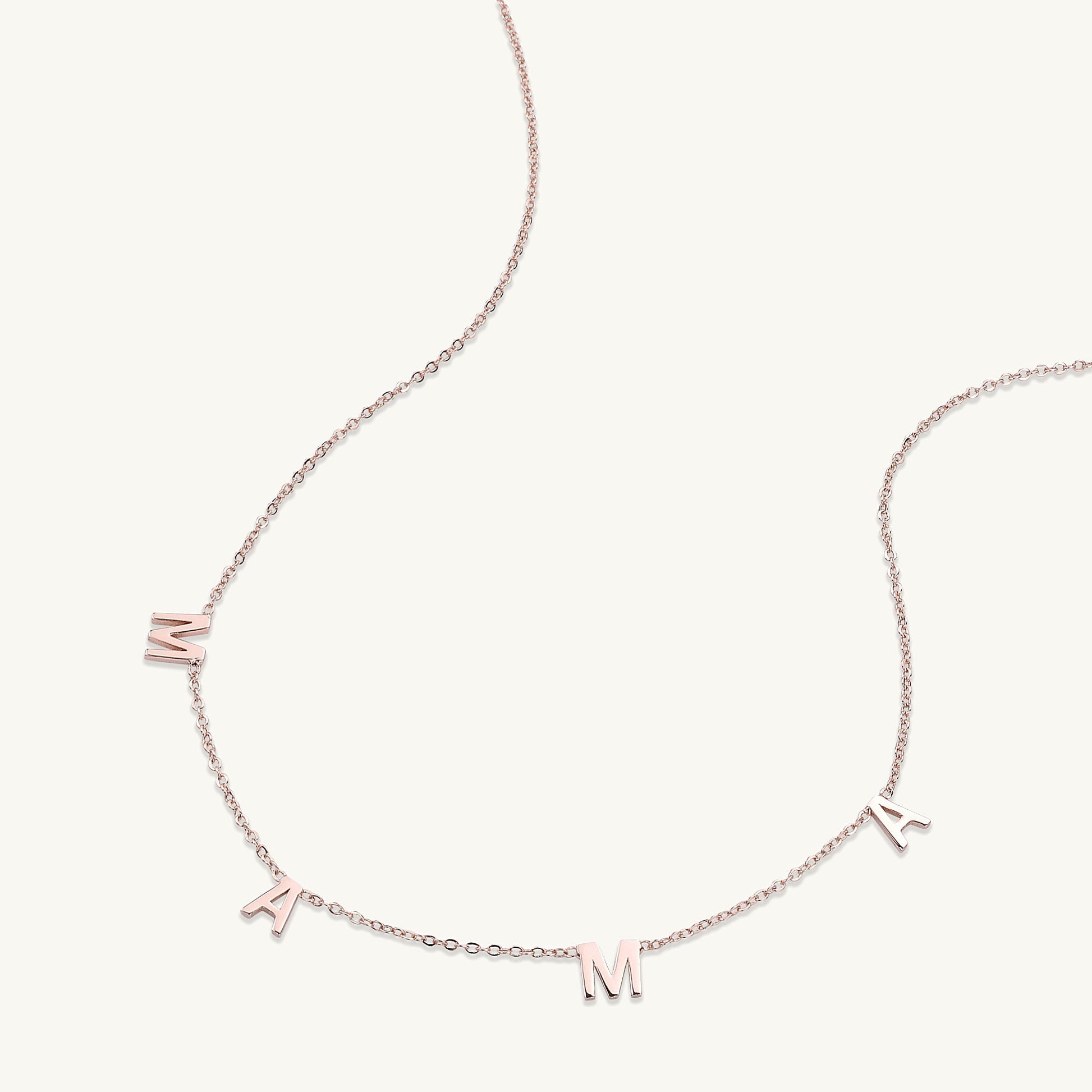 Mama letter necklace detail shot, polished gold
