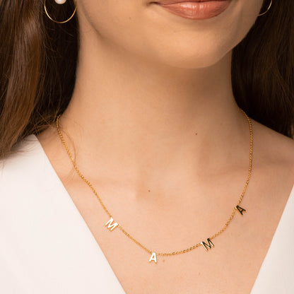 Mama necklace styled on a feminine neckline