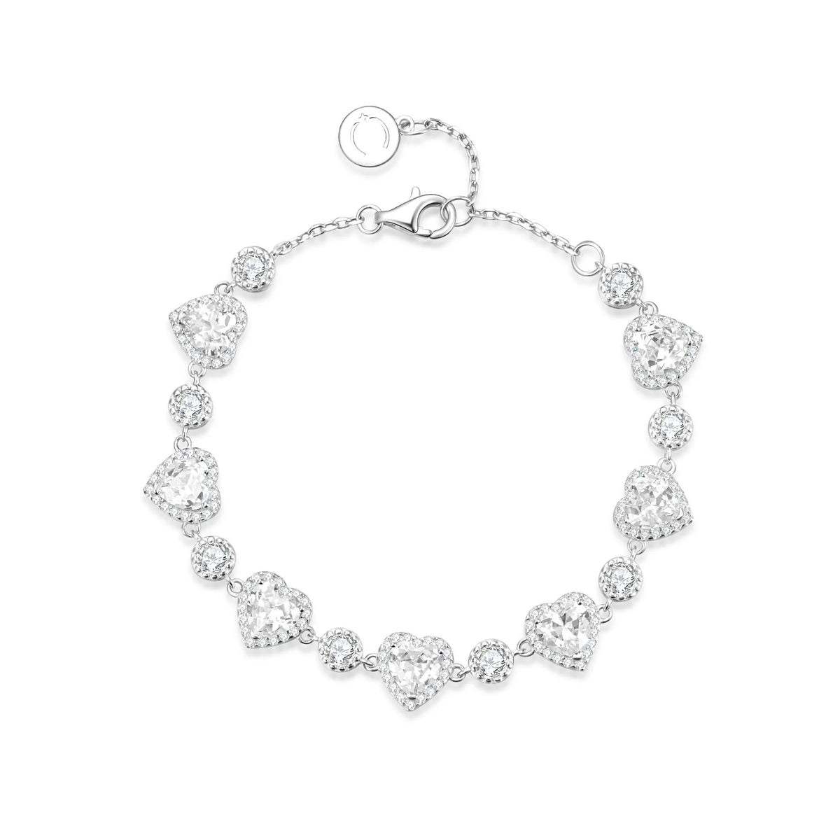 Clear-heart Silver option bracelet with halo settings photographed alone