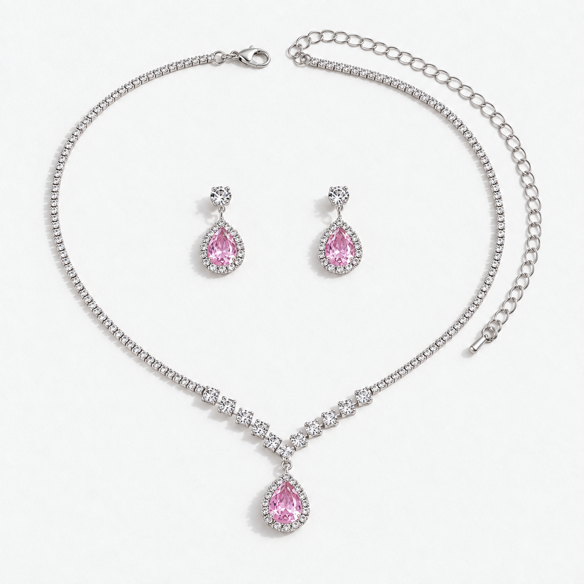 Crystal Teardrop Necklace & Earring Set in Silver / Pink, product view on a white background - Ravyena