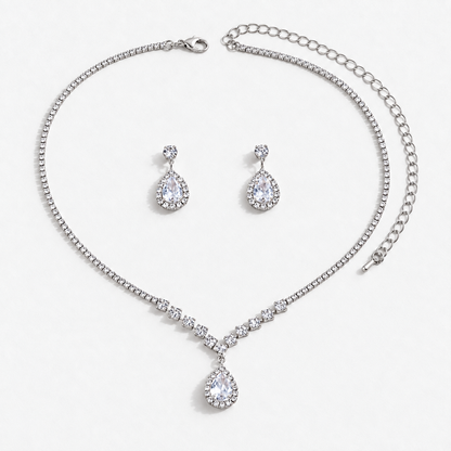 Crystal Teardrop Necklace & Earring Set in Silver / Clear, product view on a white background - Ravyena