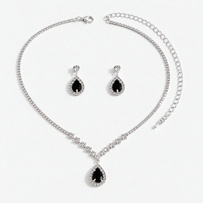 Crystal Teardrop Necklace & Earring Set in Silver / Black, product view on a white background - Ravyena