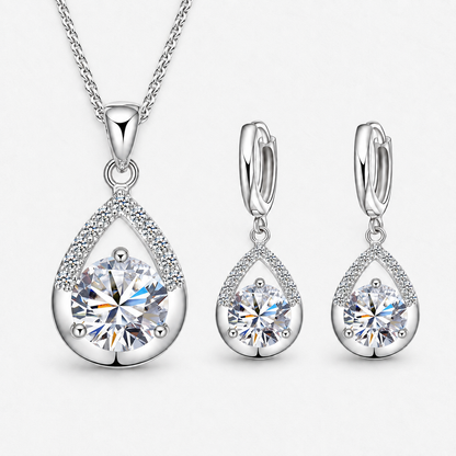 Silver-Tone Teardrop Crystal Necklace & Earring Set in Clear, product view on a white background - Ravyena