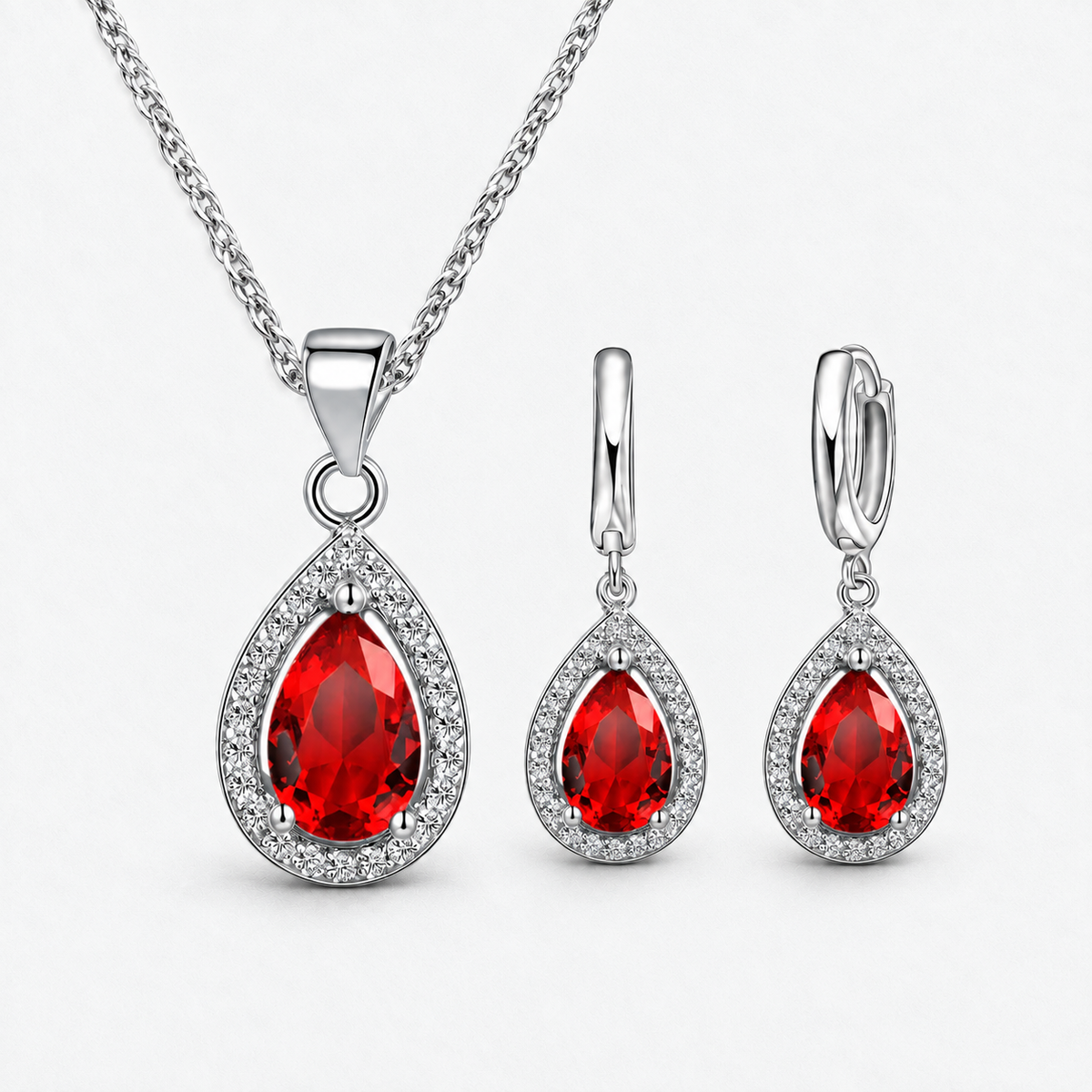 Colour Crystal Teardrop Necklace & Earring Set in Red, product view on a white background - Ravyena
