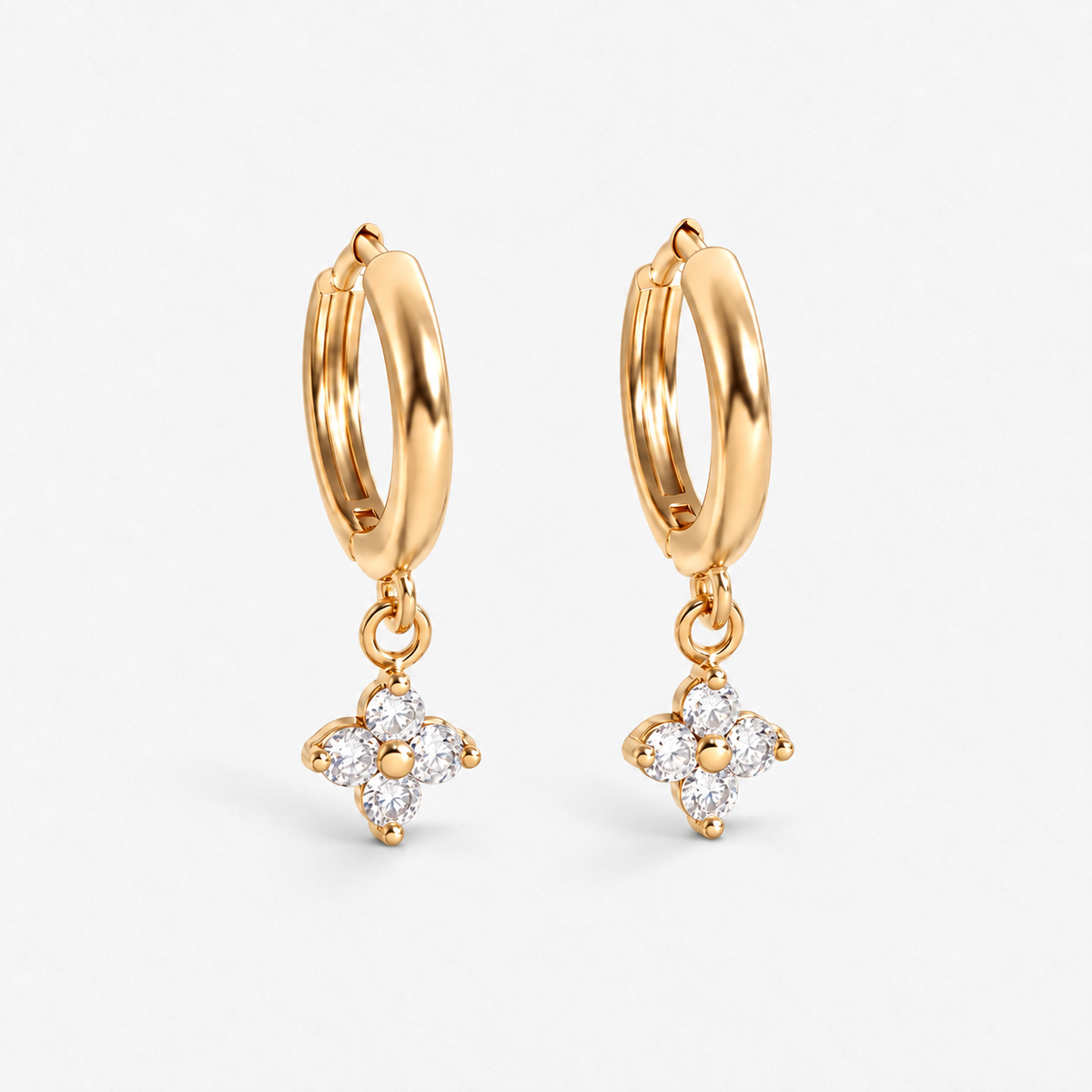 925 Sterling Silver Crystal Flower Hoop Earrings in Gold, product view on a white background - Ravyena