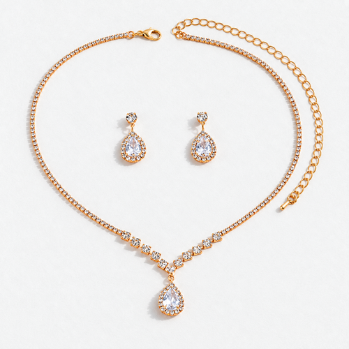 Crystal Teardrop Necklace & Earring Set in Gold / Clear, product view on a white background - Ravyena