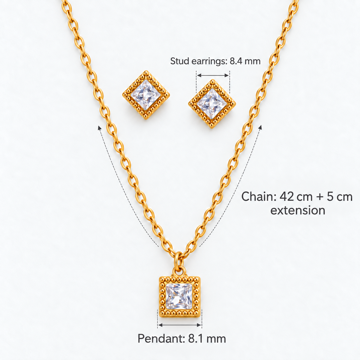 Gold Square Crystal Necklace & Stud Earring Set, Chain: 42 cm + 5 cm extension; Pendant: 8.1 mm; Stud earrings: 8.4 mm - Ravyena