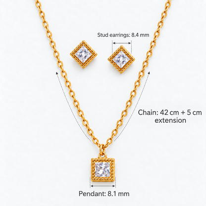 Gold Square Crystal Necklace & Stud Earring Set, Chain: 42 cm + 5 cm extension; Pendant: 8.1 mm; Stud earrings: 8.4 mm - Ravyena