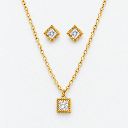 Gold Square Crystal Necklace & Stud Earring Set in Gold, product view on a white background - Ravyena