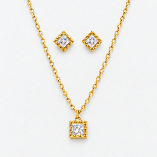 Gold Square Crystal Necklace & Stud Earring Set in Gold, product view on a white background - Ravyena