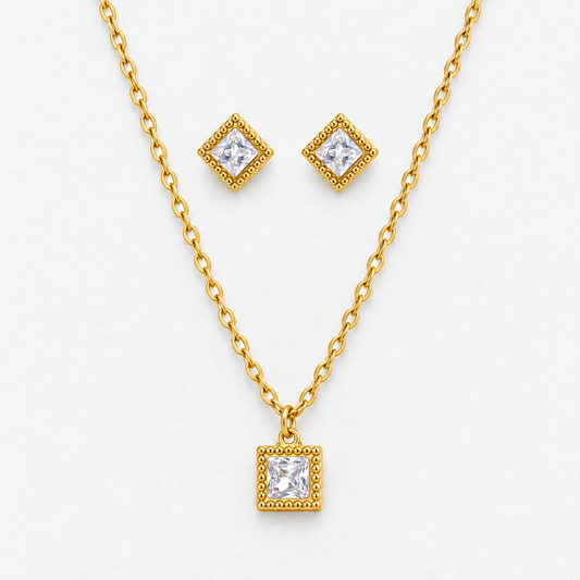 Gold Square Crystal Necklace & Stud Earring Set in Gold, product view on a white background - Ravyena