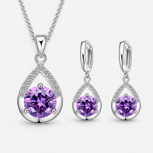 Silver-Tone Teardrop Crystal Necklace & Earring Set in Purple, product view on a white background - Ravyena