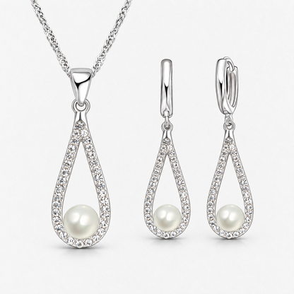 Pearl Teardrop Necklace & Earring Set in Silver, product view on a white background - Ravyena