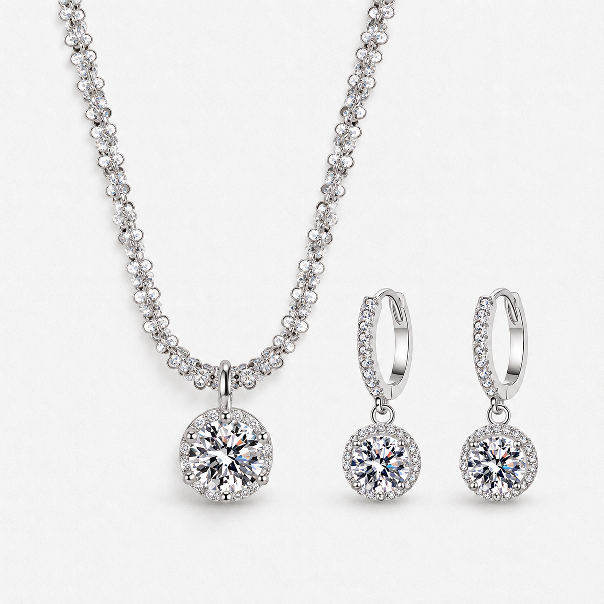 925 Sterling Silver Round Crystal Necklace & Earring Set in Clear, product view on a white background - Ravyena