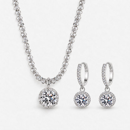925 Sterling Silver Round Crystal Necklace & Earring Set in Clear, product view on a white background - Ravyena