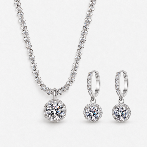 925 Sterling Silver Round Crystal Necklace & Earring Set in Clear, product view on a white background - Ravyena