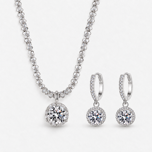 925 Sterling Silver Round Crystal Necklace & Earring Set in Clear, product view on a white background - Ravyena