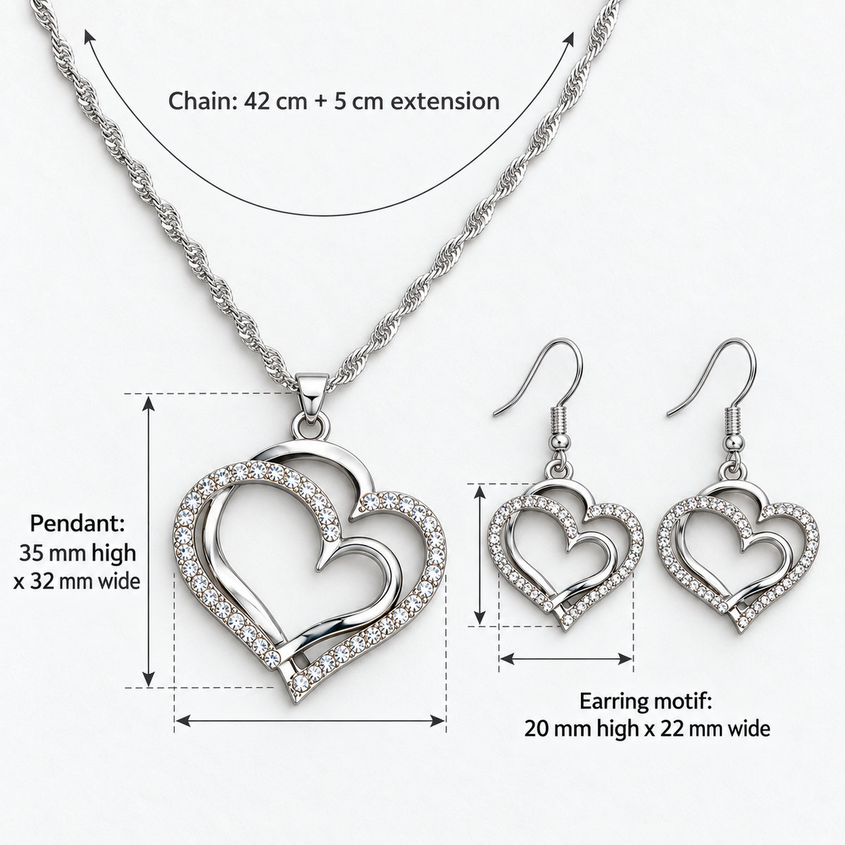Double Heart Crystal Necklace & Earring Set, Chain: 42 cm + 5 cm extension; Pendant: 35 mm high x 32 mm wide; Earring motif: 20 mm high x 22 mm wide - Ravyena