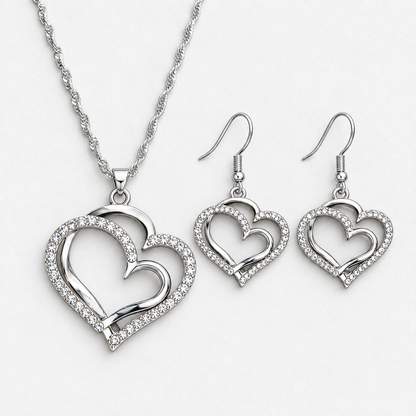 Double Heart Crystal Necklace & Earring Set in Silver, product view on a white background - Ravyena