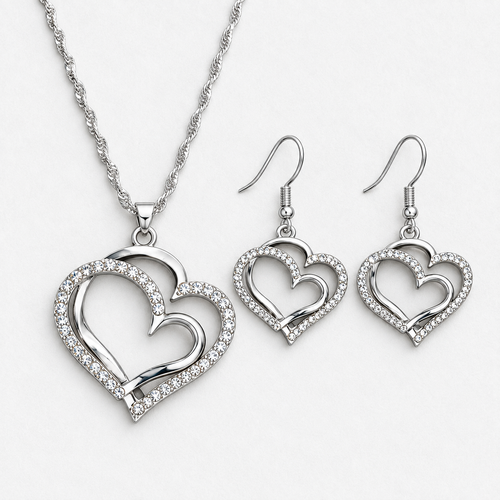 Double Heart Crystal Necklace & Earring Set in Silver, product view on a white background - Ravyena