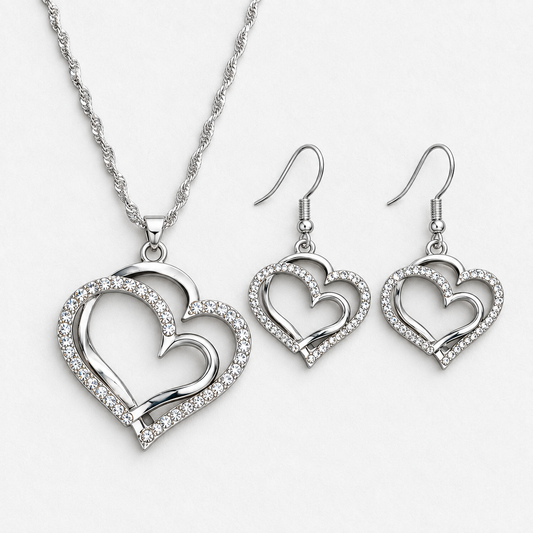 Double Heart Crystal Necklace & Earring Set in Silver, product view on a white background - Ravyena