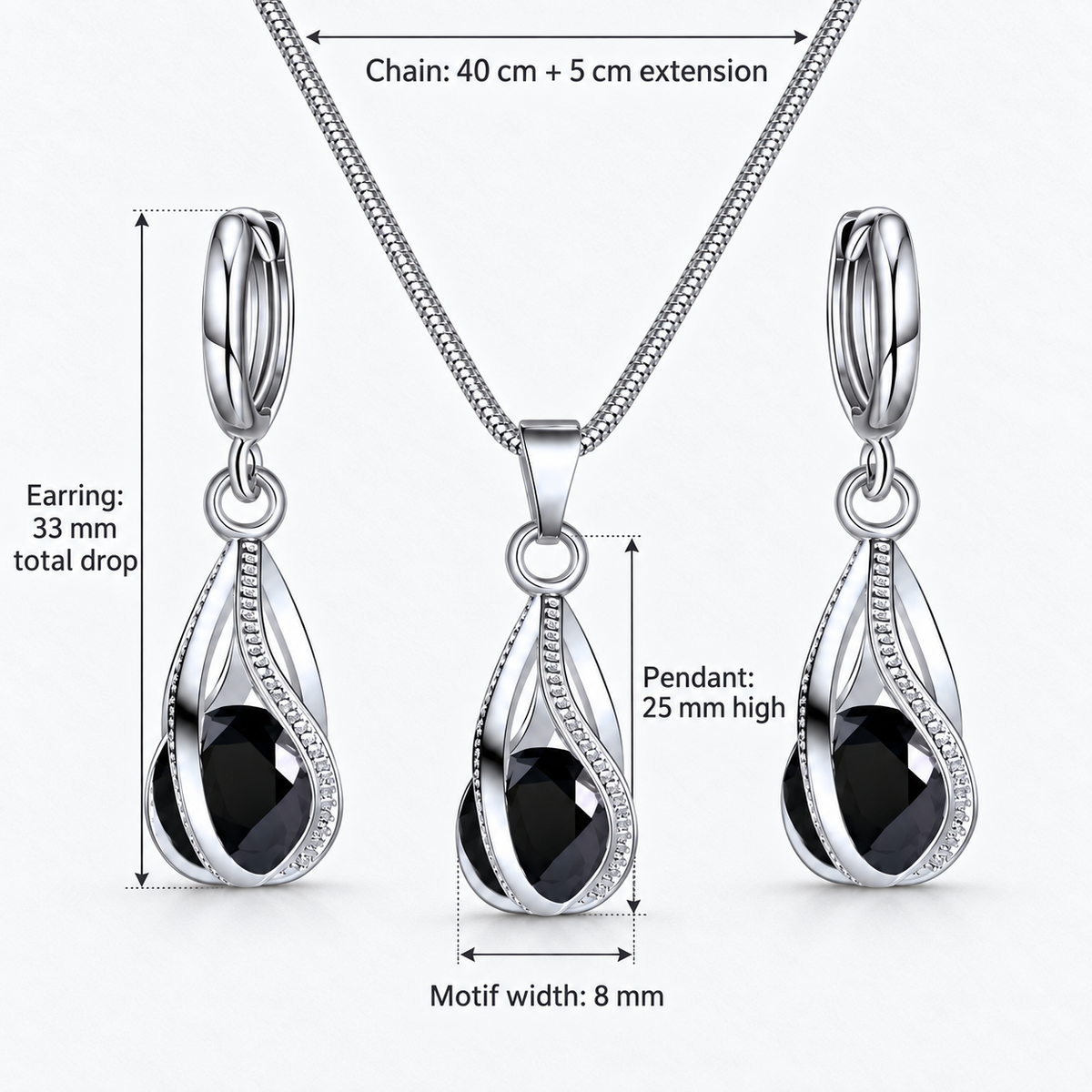 Black Crystal Twist Necklace & Earring Set, Chain: 40 cm + 5 cm extension; Pendant: 25 mm high; Earring: 33 mm total drop; Motif width: 8 mm - Ravyena