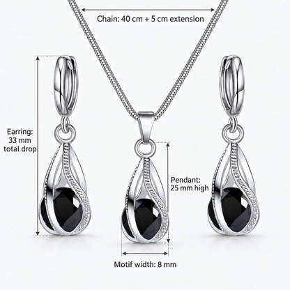 Black Crystal Twist Necklace & Earring Set, Chain: 40 cm + 5 cm extension; Pendant: 25 mm high; Earring: 33 mm total drop; Motif width: 8 mm - Ravyena