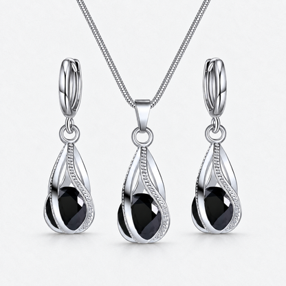 Black Crystal Twist Necklace & Earring Set in Black, product view on a white background - Ravyena