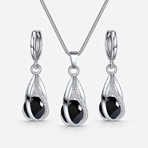Black Crystal Twist Necklace & Earring Set in Black, product view on a white background - Ravyena