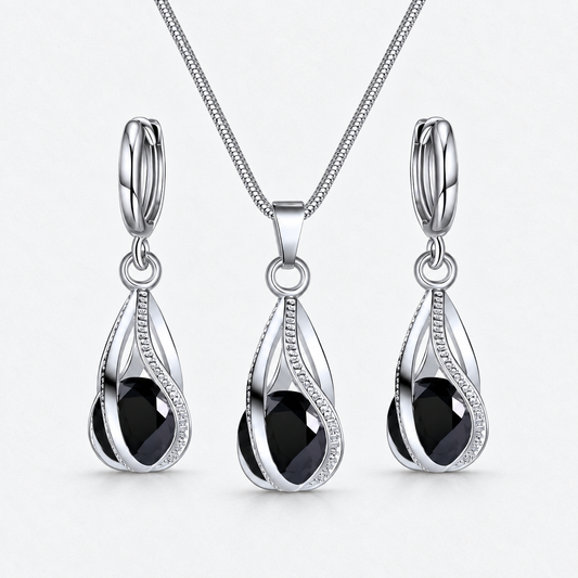 Black Crystal Twist Necklace & Earring Set in Black, product view on a white background - Ravyena