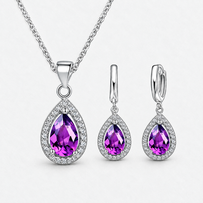 Colour Crystal Teardrop Necklace & Earring Set in Purple, product view on a white background - Ravyena