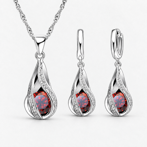 Twist Teardrop Crystal Necklace & Earring Set in Red, product view on a white background - Ravyena