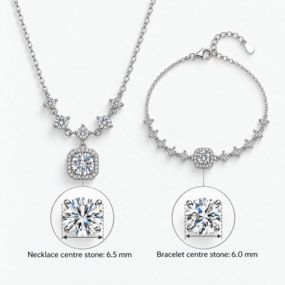 925 Sterling Silver Moissanite Necklace & Bracelet Set, Necklace centre stone: 6.5 mm; Bracelet centre stone: 6.0 mm - Ravyena