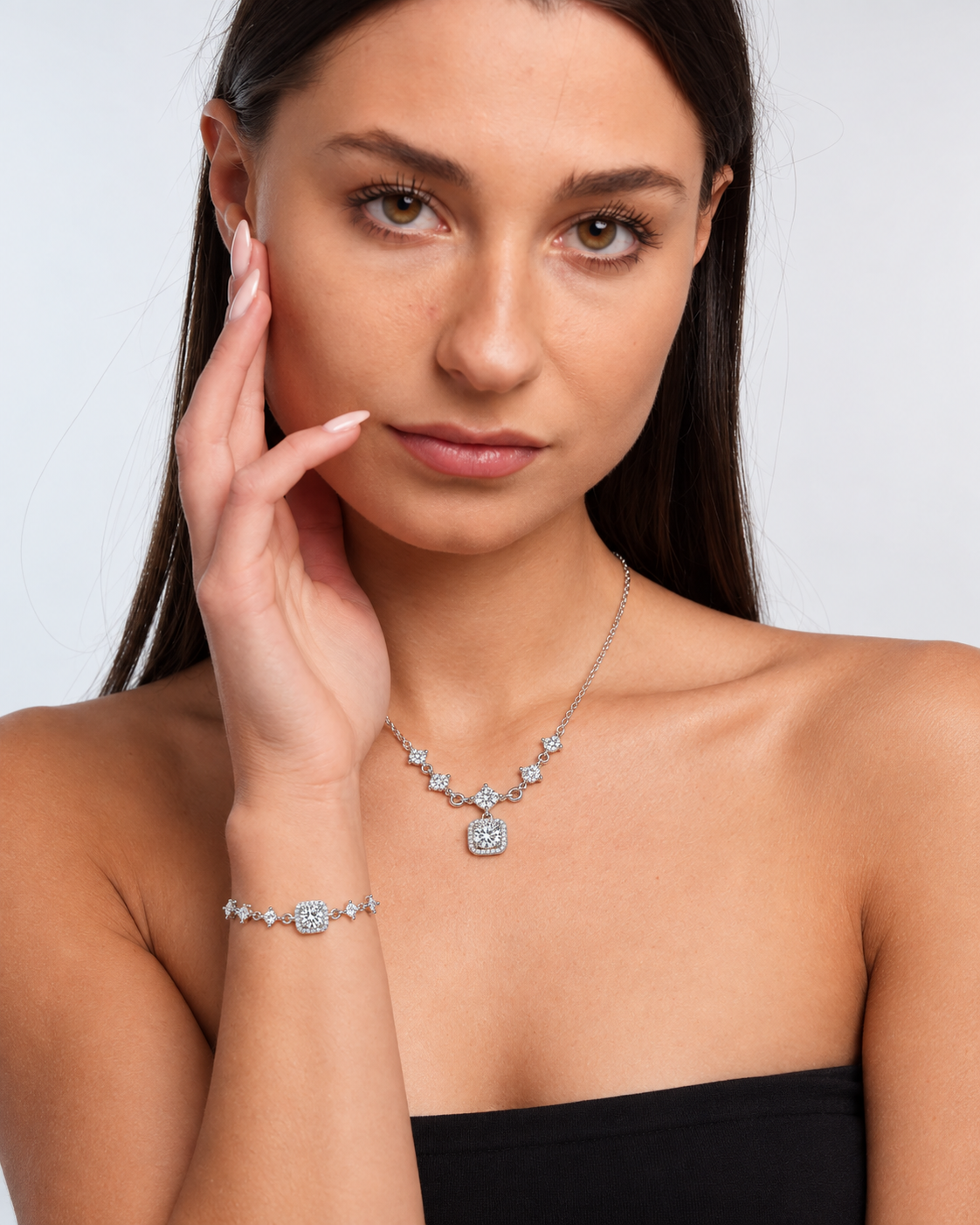925 Sterling Silver Moissanite Necklace & Bracelet Set in Silver, worn by a model in a front portrait - Ravyena